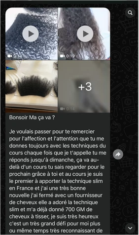 Conversa no WhatsApp, em francês: agradece a atenção da Mayelly e conta que fechou com um fornecedor de cabelo na França usando a técnica slim