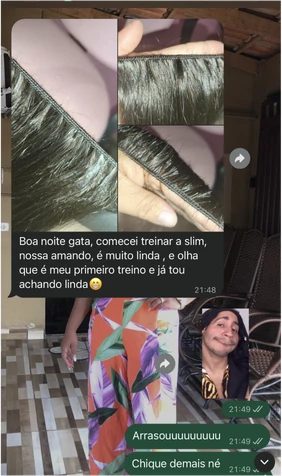 Conversa no WhatsApp: começou a treinar a tela slim e, no primeiro treino, já achou linda